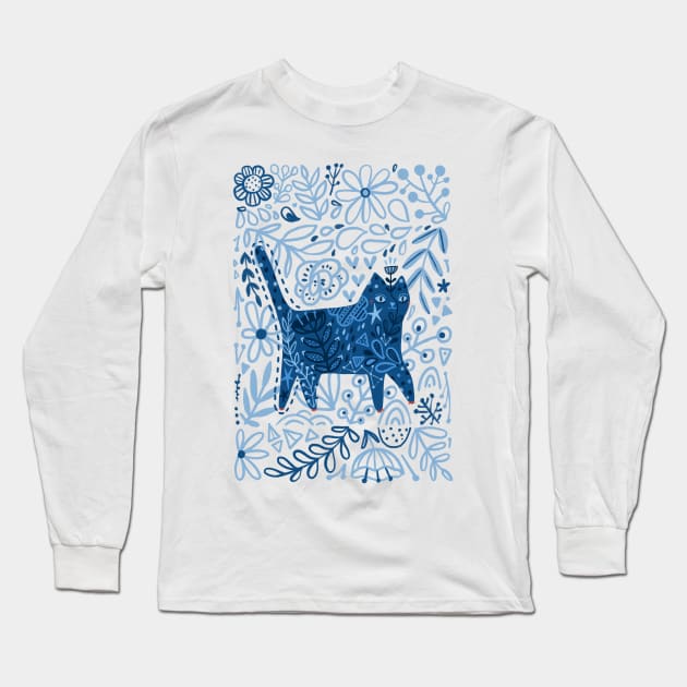 Blue floral cat Long Sleeve T-Shirt by kostolom3000